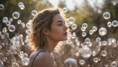 1girl, solo, short hair, blue eyes, blonde hair, brown hair, jewelry, upper body, earrings, parted lips, blurry, from side, lips, profile, depth of field, blurry background, looking up, bubble, realistic, nose, stud earrings