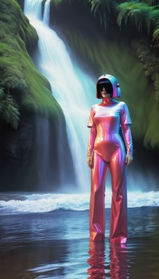 1girl,solo,short hair,black hair,standing,water,tree,see-through,bodysuit,bob cut,helmet,nature,skin tight,wading,reflection,science fiction,waterfall,spacesuit,breasts,full body,android