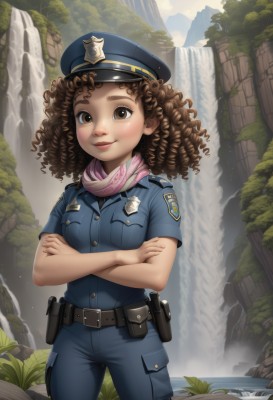 1girl,solo,long hair,breasts,looking at viewer,smile,brown hair,hat,brown eyes,closed mouth,standing,short sleeves,cowboy shot,small breasts,outdoors,day,belt,pants,signature,dark skin,water,scarf,uniform,dark-skinned female,lips,buttons,crossed arms,blue headwear,freckles,curly hair,pocket,pouch,breast pocket,badge,belt pouch,police,police uniform,waterfall,policewoman,police hat,blush,leaf,rock