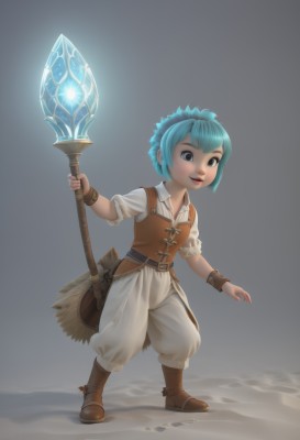 1girl,solo,smile,short hair,holding,brown eyes,jewelry,blue hair,standing,full body,weapon,hairband,boots,belt,pants,vest,bracelet,lips,aqua hair,glowing,brown footwear,staff,broom,magic,brown vest,lalafell,1boy,male focus,ocean