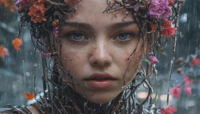 1girl, solo, looking at viewer, blue eyes, black hair, hair ornament, jewelry, flower, earrings, outdoors, parted lips, hair flower, blurry, lips, wet, depth of field, blurry background, red flower, portrait, close-up, freckles, rain, realistic, nose, wet hair