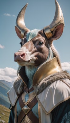 solo,long hair,looking at viewer,blue eyes,1boy,animal ears,jewelry,closed mouth,blue hair,upper body,white hair,male focus,outdoors,horns,sky,day,artist name,cloud,signature,blurry,blue sky,fur trim,facial hair,eyepatch,gem,beard,furry,mountain,furry male,armor,black eyes,animal,fangs,helmet,realistic,fake horns,tusks