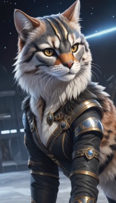 solo,long sleeves,1boy,jewelry,closed mouth,jacket,yellow eyes,upper body,male focus,outdoors,sky,artist name,armor,blurry,black jacket,orange eyes,no humans,night,blurry background,animal,fangs,cat,slit pupils,brooch,gem,star (sky),night sky,furry,snow,starry sky,colored sclera,furry male,animal focus,white fur,yellow sclera,whiskers,looking at viewer,animal ears,signature,fur collar,realistic