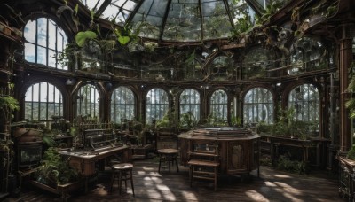 sky,day,artist name,cloud,indoors,signature,tree,no humans,window,chair,table,sunlight,plant,scenery,fantasy,potted plant,ruins,vines,stool,gears,overgrown,book,wooden floor,clock,bookshelf,lamp,architecture