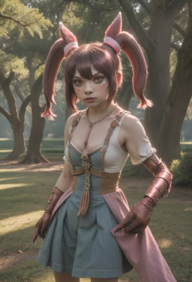 1girl,solo,breasts,looking at viewer,bangs,skirt,brown hair,hair ornament,gloves,dress,animal ears,cleavage,hair between eyes,bare shoulders,twintails,brown eyes,jewelry,medium breasts,closed mouth,standing,collarbone,red hair,cowboy shot,small breasts,outdoors,day,artist name,necklace,tree,lips,blue dress,facial mark,sunlight,grass,gauntlets,nature,brown gloves,pendant,forest,realistic,nose,whisker markings,facepaint,long hair,earrings,sleeveless,signature,makeup,sleeveless dress,watermark,short dress,feathers,short twintails,pink lips,bush,dirty,path