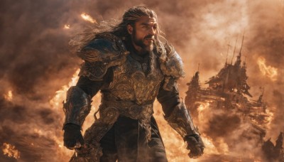 solo,long hair,gloves,1boy,holding,closed mouth,standing,weapon,white hair,grey hair,male focus,cowboy shot,outdoors,pants,sword,cloud,armor,looking to the side,facial hair,black pants,fire,shoulder armor,gauntlets,beard,clenched hands,smoke,pauldrons,breastplate,mustache,watercraft,castle,ship,black hair,signature,realistic,architecture,embers