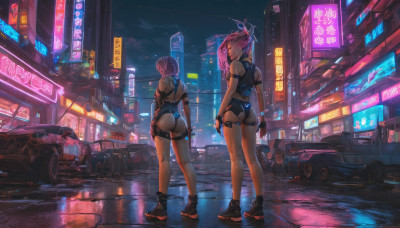 looking at viewer, short hair, multiple girls, gloves, 2girls, standing, pink hair, ass, outdoors, sky, fingerless gloves, from behind, thigh strap, night, ground vehicle, night sky, motor vehicle, reflection, science fiction, city, car, road, cyberpunk, neon lights