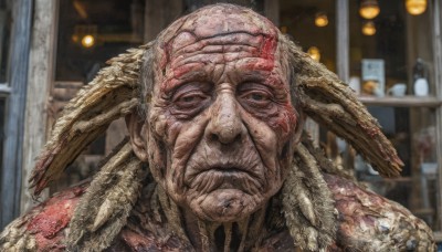 solo,looking at viewer,1boy,closed mouth,male focus,indoors,blurry,no humans,blurry background,portrait,veins,monster,realistic,bald,old,old man,alien,horror (theme),wrinkled skin,horns,black eyes,blood,depth of field,facial hair