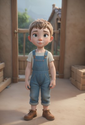 solo,looking at viewer,smile,short hair,blue eyes,brown hair,shirt,1boy,standing,full body,white shirt,short sleeves,male focus,outdoors,shoes,day,blurry,blurry background,brown footwear,denim,box,child,freckles,overalls,male child,crate,blue overalls,holding,shadow,t-shirt,bandaid