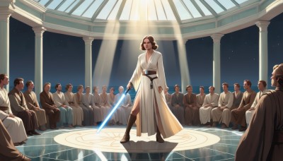 1girl,short hair,multiple girls,brown hair,black hair,sitting,standing,weapon,boots,multiple boys,sky,sword,hair bun,sash,facial hair,single hair bun,star (sky),starry sky,6+boys,robe,bald,magic circle,pillar,energy sword,tunic,column,lightsaber,looking at viewer,dress,holding,belt,holding weapon,beard,science fiction,realistic,animification,white robe