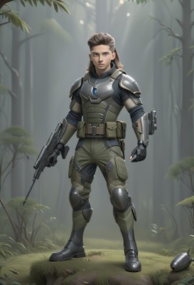 solo,long hair,looking at viewer,blue eyes,brown hair,gloves,1boy,holding,brown eyes,standing,full body,weapon,male focus,boots,outdoors,belt,fingerless gloves,holding weapon,armor,tree,gun,facial hair,holding gun,nature,rifle,forest,science fiction,pouch,assault rifle,animification,explosive,grenade,1girl,parted lips,pants,lips,sunlight,grass,armored boots