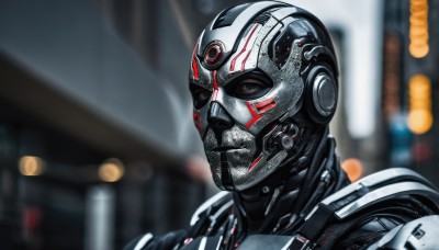 solo,looking at viewer,1boy,upper body,male focus,armor,blurry,mask,depth of field,blurry background,helmet,portrait,science fiction,realistic,cyborg,power armor,cyberpunk,black eyes,robot,close-up