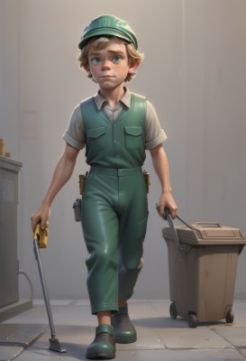 solo,looking at viewer,short hair,blue eyes,blonde hair,brown hair,shirt,1boy,hat,holding,closed mouth,standing,full body,white shirt,short sleeves,male focus,shoes,collared shirt,pants,indoors,vest,child,freckles,pocket,realistic,green headwear,overalls,male child,dirty,green footwear,green pants,bandaid,walking