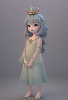 1girl,solo,long hair,looking at viewer,blush,simple background,long sleeves,dress,brown eyes,jewelry,standing,full body,grey hair,grey background,black eyes,flat chest,lips,see-through,sandals,own hands together,crown,gem,child,green dress,female child,bangs,blue eyes,blue hair,hairband,shoes,artist name,high heels,grey eyes,wavy hair,red lips