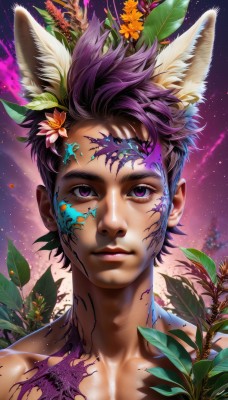 solo,looking at viewer,short hair,hair ornament,1boy,animal ears,closed mouth,purple eyes,collarbone,upper body,purple hair,flower,male focus,sky,hair flower,lips,fox ears,tattoo,leaf,facial mark,plant,portrait,star (sky),starry sky,topless male,nose,extra ears,bodypaint