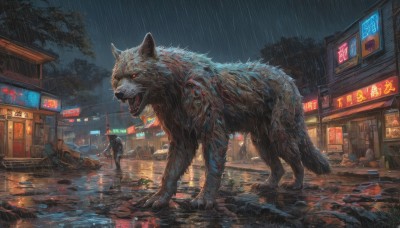 open mouth,red eyes,standing,jacket,weapon,outdoors,multiple boys,sky,teeth,tree,wet,gun,blood,night,glowing,animal,fangs,ground vehicle,building,night sky,scenery,glowing eyes,motor vehicle,claws,rain,monster,dog,city,sign,car,road,police,street,wolf,neon lights,no humans,oversized animal,trash bag