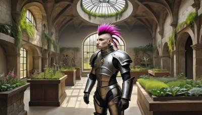 1girl,solo,gloves,1boy,jewelry,standing,pink hair,flower,male focus,multicolored hair,earrings,indoors,armor,two-tone hair,window,plant,spiked hair,shoulder armor,pauldrons,breastplate,realistic,pillar,full armor,statue,mohawk,church,arch,short hair,multiple girls,closed eyes,weapon,multiple boys,solo focus,sword,scar,piercing,helmet,grass,gauntlets,armored boots,bald,overgrown