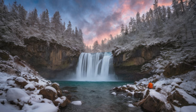 1girl, solo, outdoors, sky, cloud, water, tree, nature, scenery, forest, rock, mountain, river, waterfall, landscape