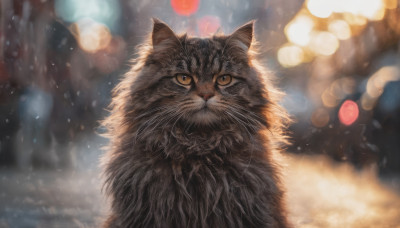 looking at viewer, outdoors, blurry, no humans, depth of field, blurry background, animal, cat, snowing, realistic, animal focus, bokeh