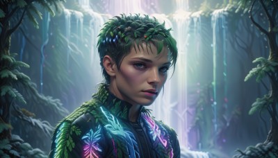 1girl,solo,looking at viewer,short hair,blue eyes,1boy,green eyes,upper body,male focus,outdoors,parted lips,green hair,artist name,dark skin,water,mole,blurry,tree,lips,eyelashes,mole under eye,makeup,leaf,watermark,plant,portrait,nature,forest,freckles,realistic,nose,waterfall,flower,sunlight