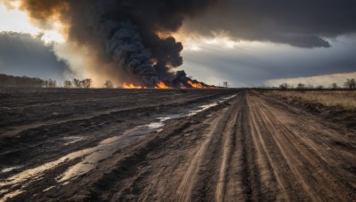 outdoors,sky,day,cloud,tree,military,no humans,sunlight,cloudy sky,fire,ground vehicle,building,scenery,smoke,city,explosion,ruins,burning,destruction,landscape