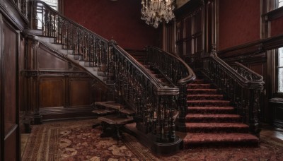 day,indoors,dutch angle,no humans,window,sunlight,scenery,stairs,railing,candle,architecture,pillar,carpet,church,arch,candlestand,chandelier,chair,wooden floor,door,rug