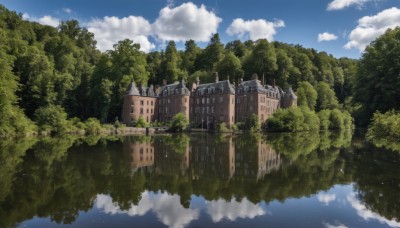 outdoors,sky,day,cloud,water,tree,blue sky,no humans,cloudy sky,building,nature,scenery,forest,reflection,fantasy,river,castle,tower,landscape