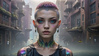 1girl,solo,looking at viewer,short hair,blue eyes,jewelry,upper body,pink hair,purple hair,multicolored hair,earrings,outdoors,parted lips,water,two-tone hair,lips,wet,tattoo,makeup,piercing,building,ear piercing,portrait,eyeshadow,science fiction,rain,water drop,city,realistic,nose,eyeliner,wet hair,very short hair,undercut,cyborg,mascara,mohawk,cyberpunk,shirt,collarbone,teeth,sleeveless,necklace,eyelashes,gradient hair,facial mark,bug,asymmetrical hair,facepaint,facial tattoo,eyebrow piercing