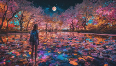 1girl, solo, skirt, brown hair, standing, pantyhose, outdoors, sky, medium hair, bag, from behind, tree, dutch angle, night, moon, backpack, star (sky), night sky, scenery, full moon, starry sky, facing away, road, autumn leaves, autumn