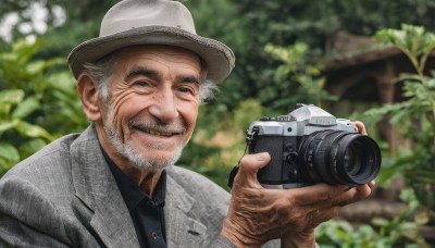 solo,looking at viewer,smile,blue eyes,shirt,1boy,hat,holding,jacket,upper body,white hair,grey hair,male focus,outdoors,necktie,day,collared shirt,blurry,tree,black shirt,depth of field,blurry background,facial hair,formal,thick eyebrows,suit,wing collar,beard,mature male,realistic,grey jacket,mustache,camera,manly,old,old man,grey headwear,holding camera,wrinkled skin,grin,grey eyes,scar,plant