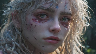 1girl,solo,long hair,looking at viewer,bangs,blonde hair,green eyes,parted lips,blurry,lips,wet,eyelashes,blood,depth of field,blurry background,wavy hair,messy hair,portrait,close-up,freckles,rain,water drop,blood on face,realistic,nose,wet hair,tears,sunlight,light particles,injury