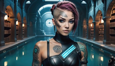 1girl,solo,breasts,looking at viewer,short hair,blue eyes,bare shoulders,jewelry,collarbone,upper body,pink hair,purple hair,earrings,artist name,lips,tattoo,makeup,watermark,science fiction,asymmetrical hair,nose,undercut,facial tattoo,cyborg,cyberpunk,alternate costume,stairs,eyeliner