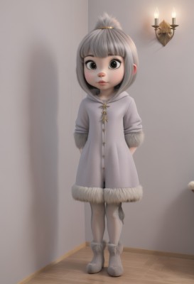 1girl,solo,looking at viewer,short hair,bangs,brown eyes,standing,full body,ponytail,grey hair,pantyhose,boots,indoors,blunt bangs,black eyes,lips,coat,fur trim,arms behind back,child,female child,candle,topknot,tail,grey eyes,watermark,white footwear,web address,realistic