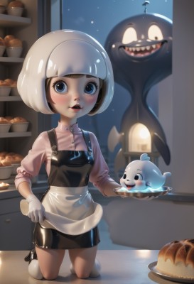 1girl,looking at viewer,blush,smile,short hair,open mouth,bangs,blue eyes,skirt,brown hair,shirt,gloves,holding,white hair,small breasts,food,teeth,socks,indoors,white gloves,blunt bangs,black eyes,apron,lips,window,kneeling,night,bob cut,waist apron,plate,sleeves rolled up,tray,freckles,pink shirt,ghost,bread,solo,black hair