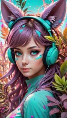 1girl,solo,long hair,looking at viewer,bangs,blue eyes,shirt,animal ears,closed mouth,green eyes,upper body,pink hair,purple hair,flower,outdoors,sky,day,artist name,signature,from side,aqua eyes,blue sky,lips,animal ear fluff,fox ears,eyelashes,makeup,swept bangs,turtleneck,headphones,leaf,watermark,facial mark,plant,lipstick,portrait,eyeshadow,freckles,pink lips,nose,green shirt,eyeliner,whisker markings,facepaint,mascara,paint splatter,paint,aqua shirt,splatter,breasts,medium breasts,rabbit ears,blurry,fake animal ears,wavy hair,blue shirt,web address,animal ear headphones