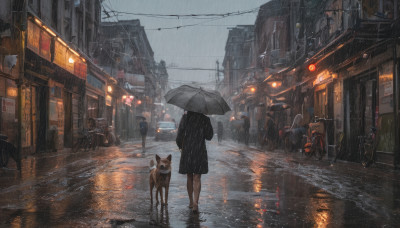 1girl, holding, standing, jacket, outdoors, sky, cloud, black footwear, dutch angle, animal, umbrella, ground vehicle, building, scenery, motor vehicle, reflection, walking, rain, dog, holding umbrella, city, sign, car, road, motorcycle, power lines, lamppost, street, puddle, vanishing point