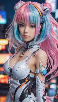 1girl,solo,long hair,breasts,looking at viewer,bangs,blue eyes,hair ornament,gloves,cleavage,bare shoulders,medium breasts,closed mouth,blue hair,upper body,pink hair,multicolored hair,hairband,detached sleeves,elbow gloves,artist name,hair bun,blurry,two-tone hair,lips,double bun,bodysuit,makeup,depth of field,blurry background,headgear,science fiction,realistic,jewelry,necklace,eyelashes,aqua hair,nose,android