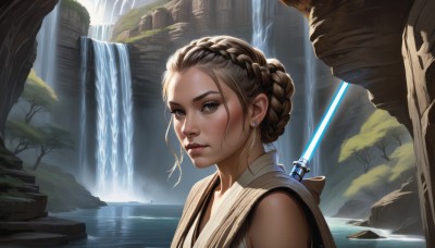 1girl,solo,looking at viewer,short hair,brown hair,brown eyes,jewelry,upper body,weapon,braid,earrings,sword,water,hair bun,tree,lips,single hair bun,science fiction,realistic,nose,waterfall,energy sword,lightsaber,blue eyes,blonde hair,outdoors,portrait