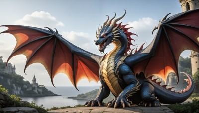 HQ,solo,open mouth,red eyes,tail,outdoors,wings,horns,sky,teeth,day,cloud,water,blue sky,no humans,fangs,cloudy sky,sharp teeth,building,scenery,claws,mountain,fantasy,dragon,scales,castle,tree,glowing,glowing eyes