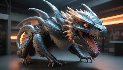 HQ,solo,open mouth,red eyes,tail,full body,wings,teeth,tongue,indoors,blurry,pokemon (creature),no humans,blurry background,fangs,sharp teeth,slit pupils,claws,spikes,colored sclera,monster,dragon,black sclera,scales,horns,dinosaur