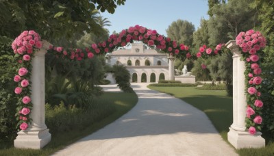 flower,outdoors,sky,day,tree,blue sky,no humans,shadow,rose,grass,plant,red flower,building,nature,scenery,pink flower,road,bush,pink rose,pillar,path,arch,garden,cloud,red rose,column