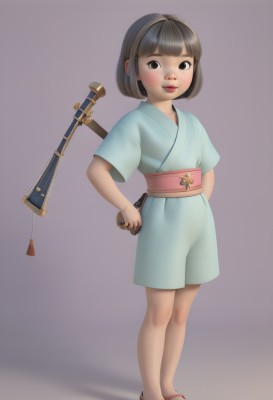 1girl,solo,looking at viewer,smile,short hair,bangs,simple background,brown hair,black hair,brown eyes,closed mouth,standing,full body,weapon,short sleeves,japanese clothes,sword,blunt bangs,kimono,grey background,black eyes,lips,sash,shadow,obi,sandals,bob cut,sheath,instrument,child,sheathed,blue kimono,female child,short kimono,blush,shorts,realistic