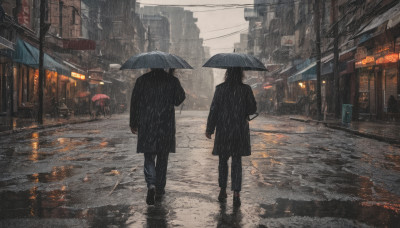 1girl, short hair, black hair, 1boy, holding, standing, outdoors, shoes, pants, from behind, black footwear, coat, dutch angle, umbrella, black pants, ground vehicle, building, scenery, motor vehicle, reflection, walking, rain, holding umbrella, city, sign, facing away, car, road, street, puddle, crosswalk