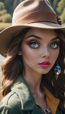 1girl,solo,long hair,looking at viewer,blue eyes,brown hair,shirt,hat,jewelry,green eyes,collarbone,jacket,upper body,earrings,outdoors,parted lips,teeth,day,collared shirt,artist name,signature,blurry,lips,eyelashes,makeup,depth of field,blurry background,wavy hair,thick eyebrows,lipstick,portrait,close-up,eyeshadow,freckles,green jacket,realistic,nose,brown headwear,red lips,eyeliner,cowboy hat,mascara,denim jacket,necklace,sunlight,pink lips