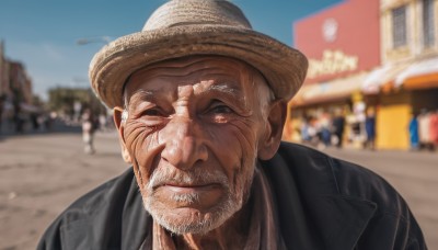 solo,looking at viewer,blue eyes,1boy,hat,closed mouth,jacket,upper body,white hair,grey hair,male focus,outdoors,sky,solo focus,day,blurry,black jacket,depth of field,blurry background,facial hair,scar,portrait,beard,realistic,mustache,brown headwear,manly,old,old man,photo background,wrinkled skin,one eye closed,blue sky,close-up