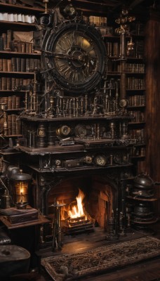 indoors,book,no humans,chair,table,fire,scenery,skull,lantern,wooden floor,stairs,fantasy,clock,bookshelf,lamp,candle,shelf,gears,library,ladder,carpet,candlestand,rug,steampunk,fireplace,loaded interior,solo,weighing scale