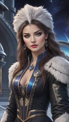 1girl,solo,long hair,breasts,looking at viewer,blush,brown hair,long sleeves,hat,cleavage,brown eyes,jewelry,medium breasts,closed mouth,upper body,earrings,outdoors,sky,necklace,lips,coat,fur trim,makeup,night,lipstick,gem,star (sky),night sky,starry sky,red lips,fur hat,ushanka,jacket,multicolored hair,parted lips,artist name,two-tone hair,black jacket,eyeshadow,thick lips