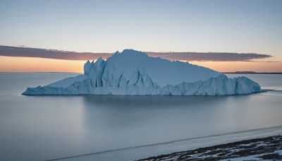 outdoors,sky,cloud,water,blue sky,no humans,ocean,beach,scenery,reflection,sunset,mountain,sand,horizon,landscape,mountainous horizon,lake,gradient sky,shore,sunrise,snow,ice,sun