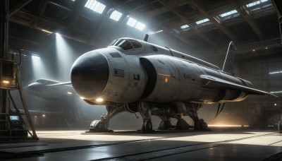 HQ,indoors,signature,military,no humans,robot,mecha,science fiction,realistic,aircraft,military vehicle,airplane,light,vehicle focus,spacecraft,lights,jet,cockpit,fighter jet,pilot