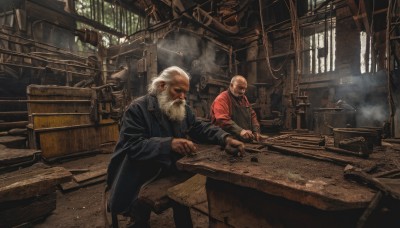 long sleeves,jacket,white hair,male focus,multiple boys,necktie,pants,indoors,2boys,coat,window,facial hair,black pants,formal,suit,beard,smoke,cigarette,mustache,smoking,bald,old,old man,crate,wrinkled skin,1boy,sitting,chair,table,scenery,robe,light rays,realistic,manly,smoking pipe